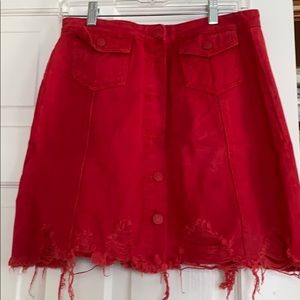 Sunset + spring red denim destroyed skirt